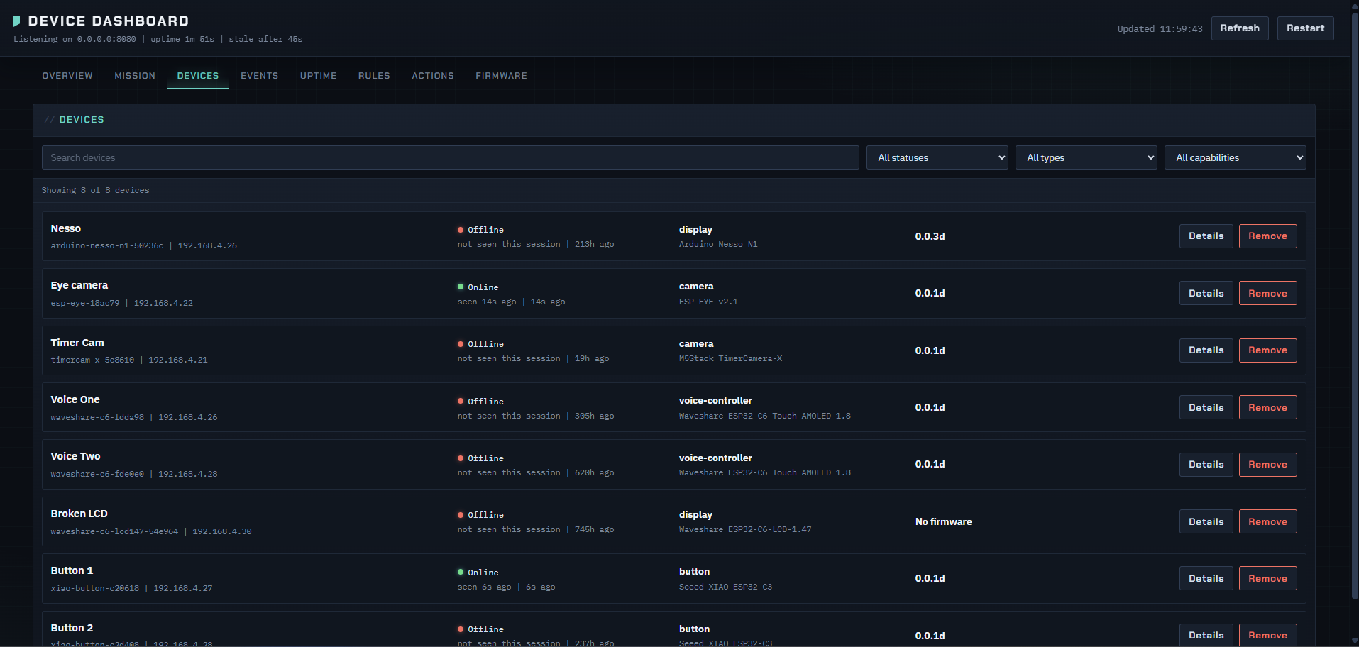 Dashboard devices tab — registered devices with online/offline state